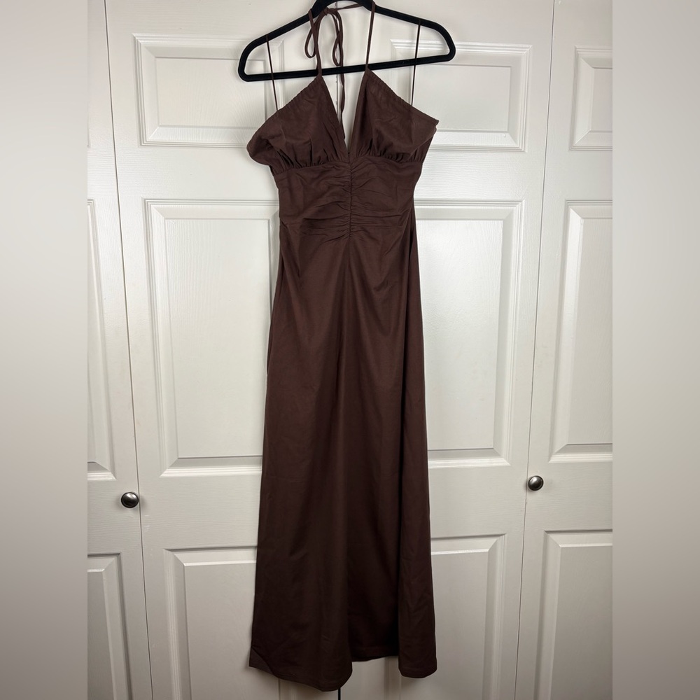 🤎 Riot Swim Linen Blend Maxi Dress Brown Ruched Halter Slip Dress Size S